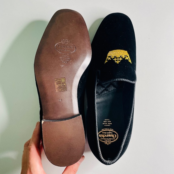 Church's Sovereign Black Velvet Gold Crown Embroidered Men's Evening Loafers 7 F - Picture 12 of 16